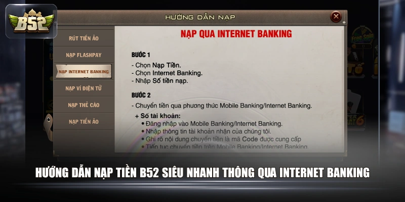 Hướng dẫn nạp tiền B52 siêu nhanh thông qua Internet Banking